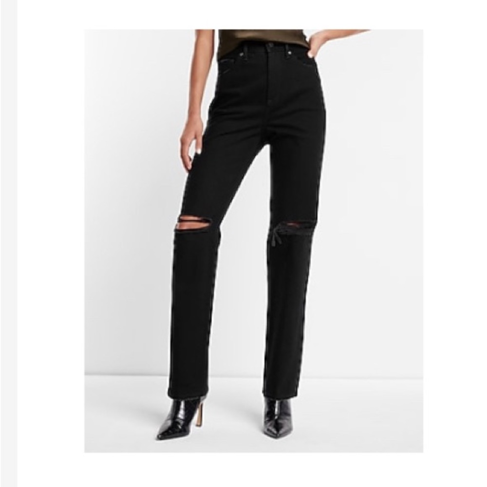 Super high wasted black ripped modern straight jeans; brand new;never worn